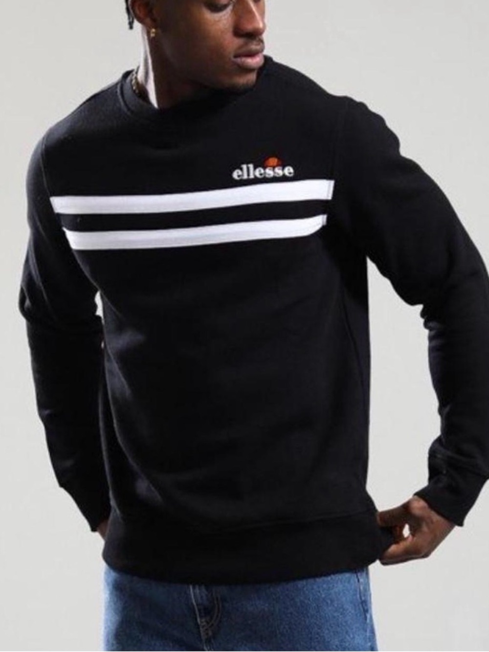 Ellesse Black Crewneck Sweatshirt with White Stripes and Orange Logo